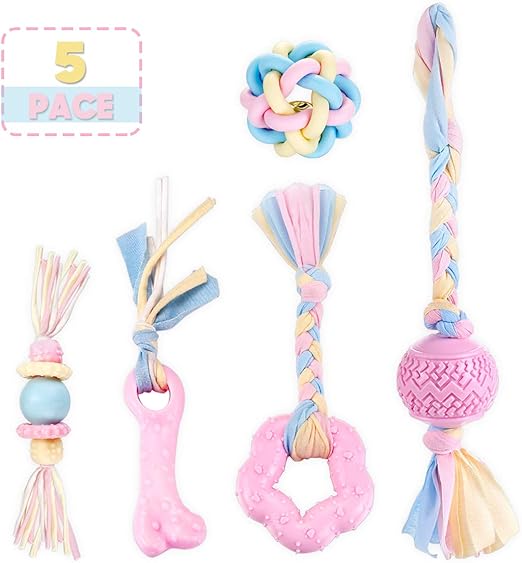 FONPOO Juguetes para Perros, Juguetes para Perros Pequeños, Juguete Antiestres Perro Conjunto Rosa de Cinco Piezas,Mordedor Perro Regalo Perro con Mordedor Perro Cachorro y Bell Ball: Amazon.es: Productos para mascotas