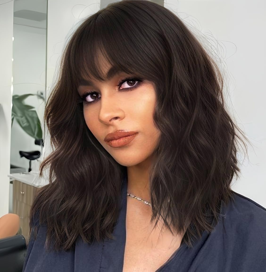 Photo 1 of AISI HAIR Natural Brown Synthetic Curly Wavy Bob Wig with Bangs for Women, 21-23 Inches