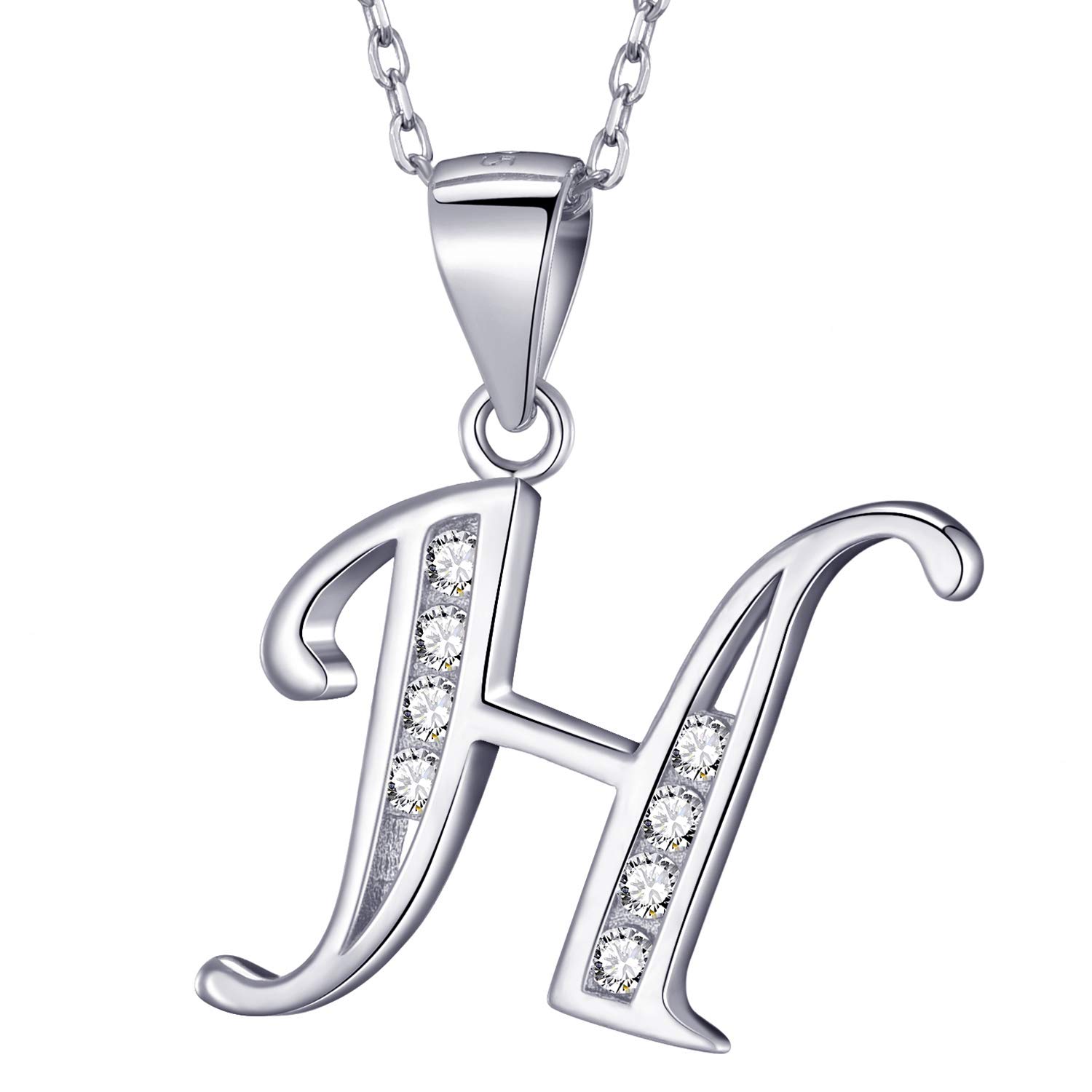 MASADA 925 Sterling Silver Letter Necklace - Initial Pendant with Zircon Stones - Letter H - Personalised Alphabet, Teens & Girls - 46 cm - 18 inch Chain in Velvet Bag