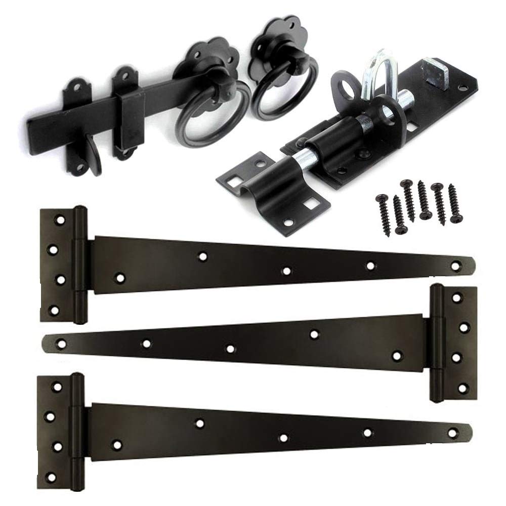 Merriway BH07428 Black, Heavy Duty Wooden Gate Fitting, 3 x 18 inch Tee Hinges, Brenton Style Padbolt, Ring Latch & Fittings, Pack of 1 Kit
