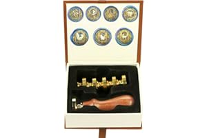 Animal Wax Seal Stamp Set with 7 Removable Brass Heads and 1 Wooden Handle - Dragon, Mermaid, Peacock, Cat Designs for Weddin