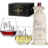 Vagafilla Mr Mrs Stemless Wine Glasses Gift Set 15oz, Couples Gifts for Bridal Shower Engagement Anniversary Wedding Shower Valentine's Day Birthday Christmas, 1 Pack Reusable Burlap Wine Bag-38