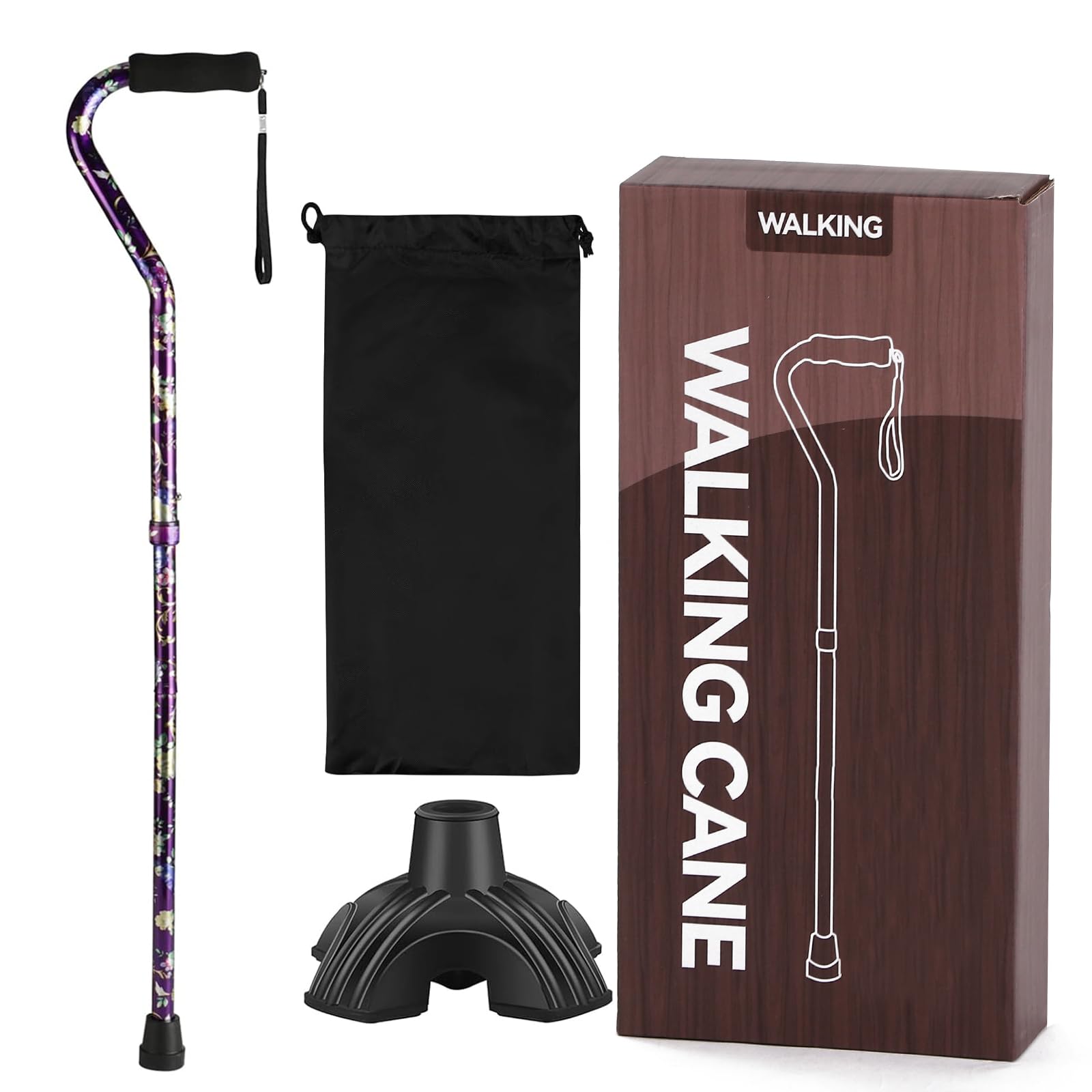 Walking Cane for Women & Men, Folding Cane Lightweight with Offset Handle, Adjustable Walking Stick for Seniors Mobility Balance, Small Base, 32-37