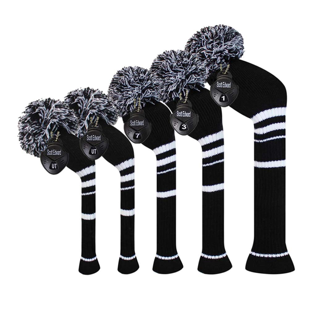 Black White Stripes Golf Headcover Set of 5 PCS, Driver Wood Cover *1, Fairway Wood Cover *2, Hybrid Cover * 2, with Rotating Number Tags.