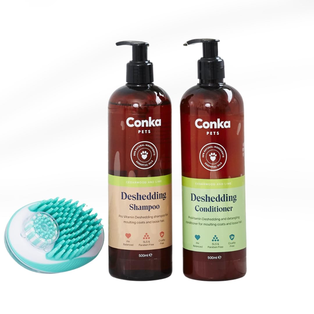 Conka Pets Shampoo and Conditioner for Dogs, Premium Natural Shampoo and Conditioner Grooming Products (500ml) (Shampoo Conditioner & Tool, DeShedding)