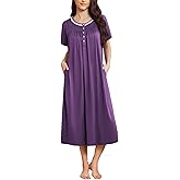 Ekouaer Long Nightgowns for Women Short Sleeve Sleepshirt Button Sleep Dress with Pockets