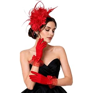 Gorbgle Fascinators Hat Wedding Cocktail Tea Party Gloves for Women, Feather Pearl Veil Headband for Party