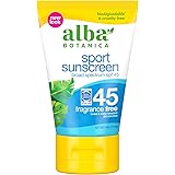 Alba Botanica Sunscreen Lotion, Sport, SPF 45, Fragrance Free, 4 Oz (Packaging May Vary)
