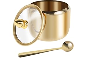 Spice Jar 304 Stainless Steel Sugar Container 10oz Sugar Jar with Clear Glass Lid and Spoon Gold Sugar jar Dishwasher Safe Se