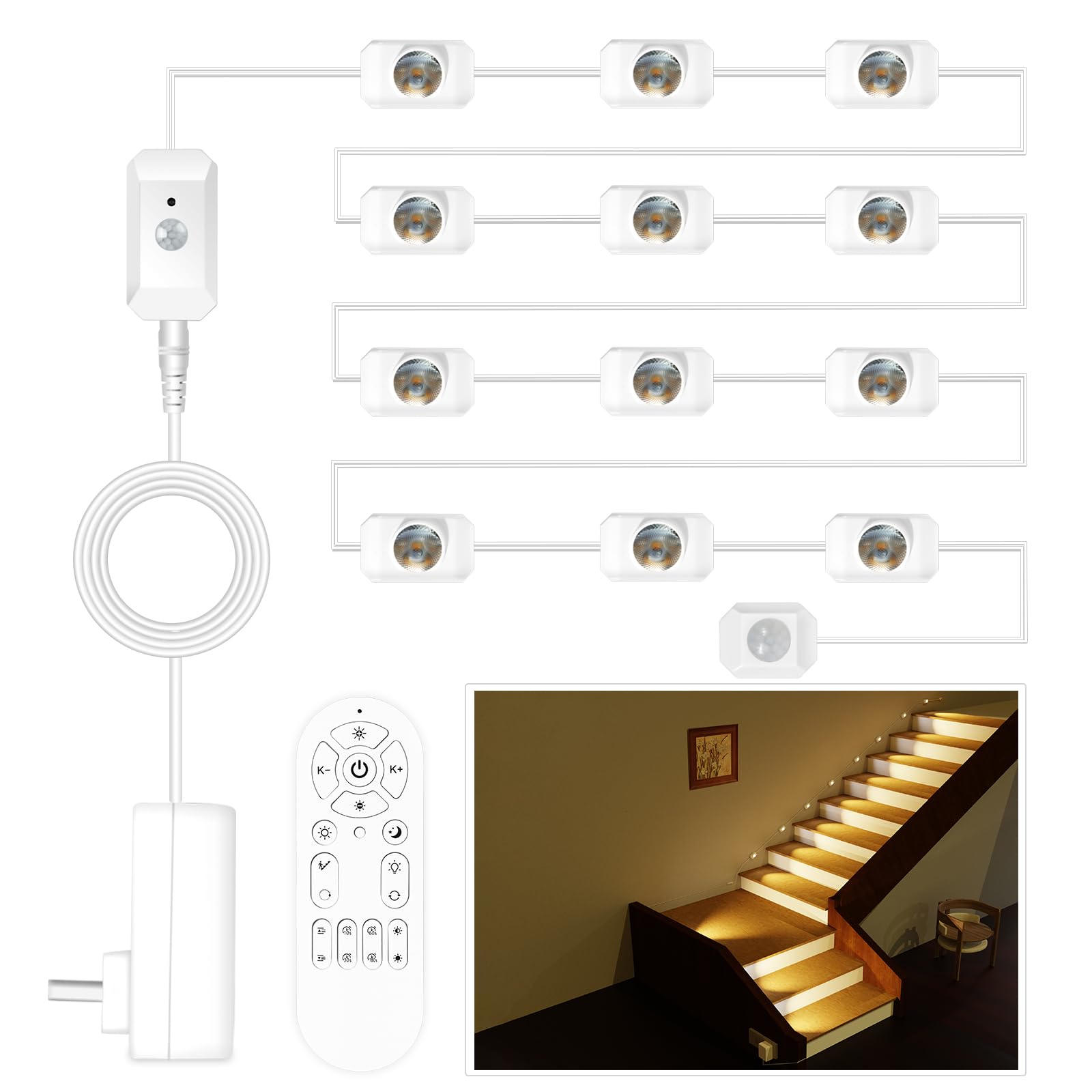 Photo 1 of Ameistor Upgraded Smart Stair Lights Motion Sensor Indoor, Plug-In Stairway Lights Indoor Hallway Baseboard Lighting with Cascading Effect, Dimmable, 3000K-6000K (12 Stairs)
