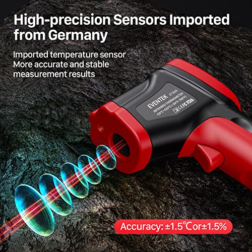 Eventek Infrared Thermometer -50°C~500°C (-58°F~932°F), Digital IR Laser Non-Contact, Temperature Gun, Can't Measure Fever - Red/Black【Non-body Use】