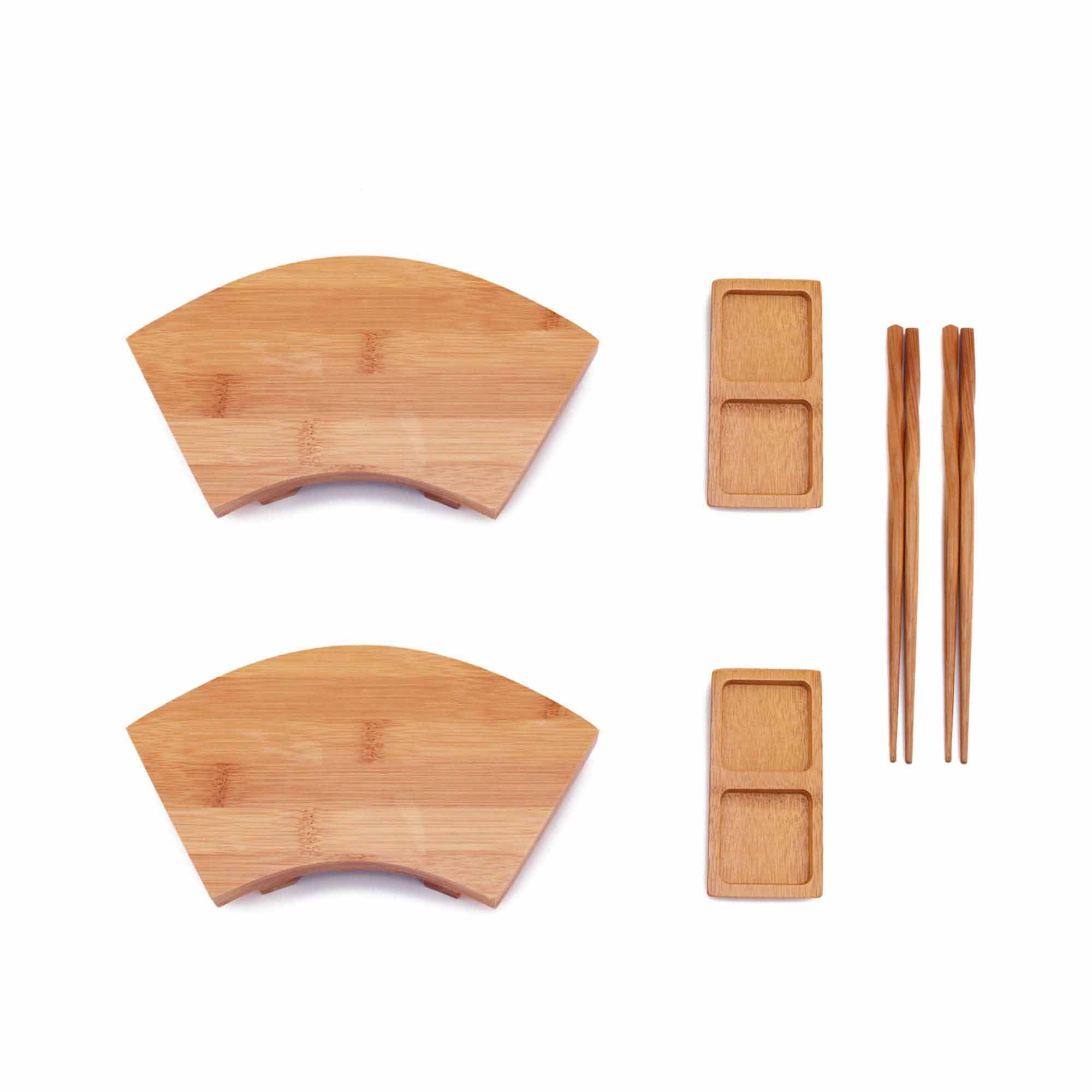 BambooMN Bamboo Sushi Plate/Tray, Chopsticks and Compartment Sauce Dish, 9" Fan - 2 Sets