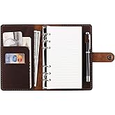 Leather Journal Refillable Writing Notebook, A6 Personal Size 6 Ring Binder Spiral Notebook, Handmade Genuine Leather Refillable Journal Binder Diary, Pocket Binder Traveler Notebook-Brown