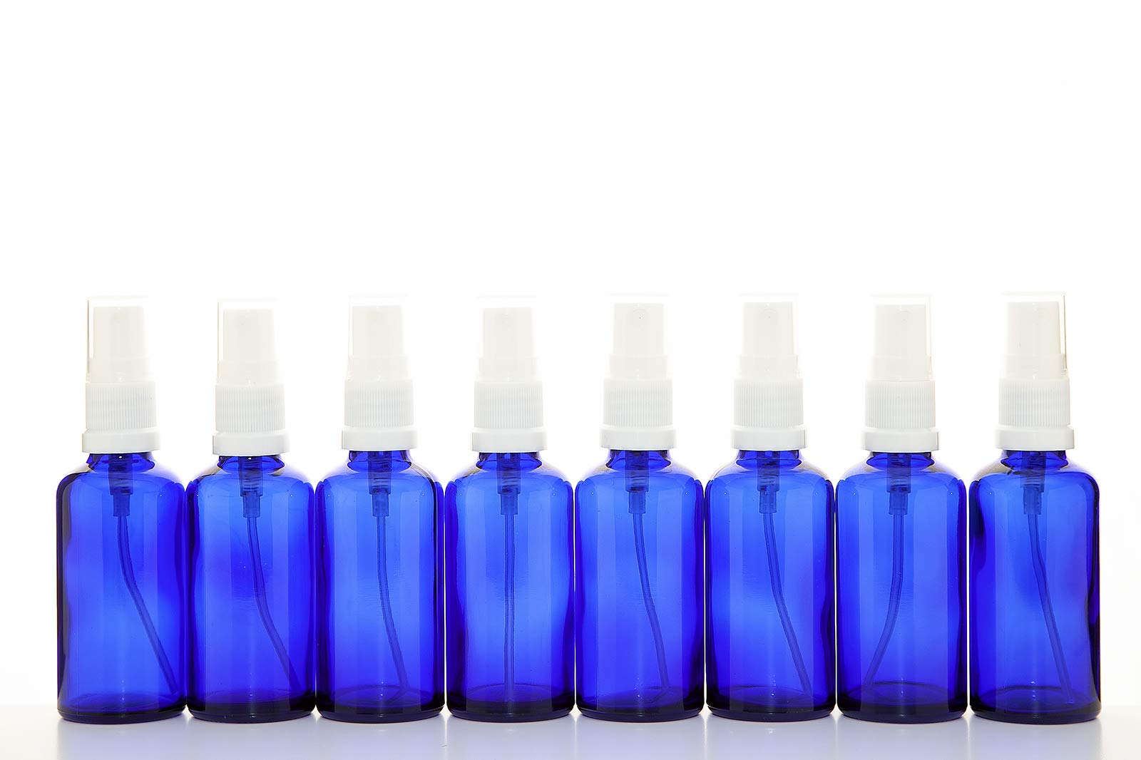 Aura 50ml BLUE Glass Bottles with White ATOMISER Sprays - PACK of 8