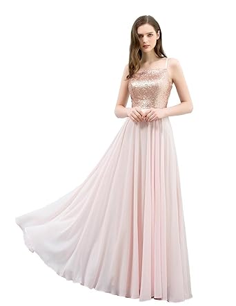 Misshow Women S Rose Gold Sequined Chiffon Maxi Long Prom