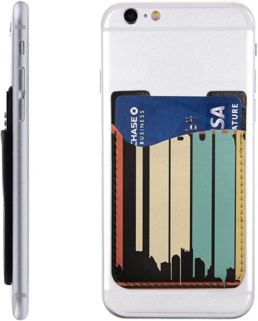 Card Holder for Back of Phone -Retro 1970s Pittsburgh Pennsylvania Downtown Skyline Silicone Stick On Cell Phone Wallet with Pocket for Credit Card, ID, Business Card