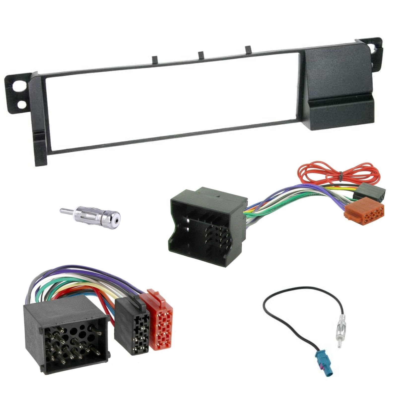 Sound-way Single DIN Car Radio Frame Installation Kit, 1 DIN Front Panel Frame, ISO Connector Cable, Antenna Adapter, compatible with BMW SERIE 3 E46 Black