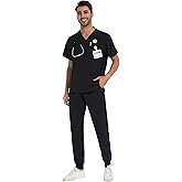 COZYFIT Men Scrubs Set - Stretch V-Neck Scrub Top & Jogger Pant with 8 Pockets, Yoga Waistband, Anti-Wrinkle Scrubs for Men