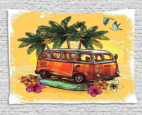 Custom Surf Decor Decoration, Hippie Classic Old Bus with Surfboard Freedom Holiday Exotic Life Sketch Style Art,Bedroom Living Room Dorm Accessories Wall Hanging Tapestry,60x80 Inches