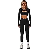 AGYMNX 2 Piece Workout Sets for Women Seamless High Waist Flare Leggings Yoga Long Sleeve Cutout Crop Tops Athletic Sets