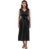 Amazhiyu Womens 100% Linen Summer V-Neck Midi Dresses Sleeveless with Pockets