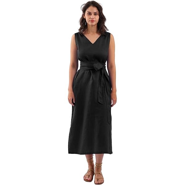 Amazhiyu Womens Pure Linen Summer Button Down Midi Dresses with Pockets and  Belt Denim, X-Small at Amazon Women's Clothing store
