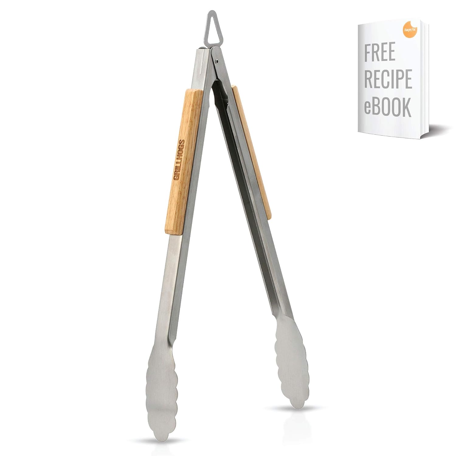 GRILLHOGS Barbecue Grill Tongs | 16 Inch | Best Metal Kitchen Tongs for Cooking and Grill Accessories | Stainless Steel + Oak Wood BBQ Tongs