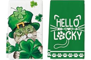 Artoid Mode Cat Shamrock St. Patrick's Day Kitchen Towels Dish Towels, 18x26 Inch Hello Lucky Seasonal Spring Decoration Hand Towels Set of 2