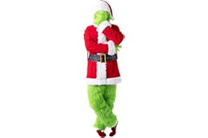 PAFIGA Green Big Monster Costume for Men 7pcs Christmas Deluxe Furry Adult Santa Suit Green Outfit