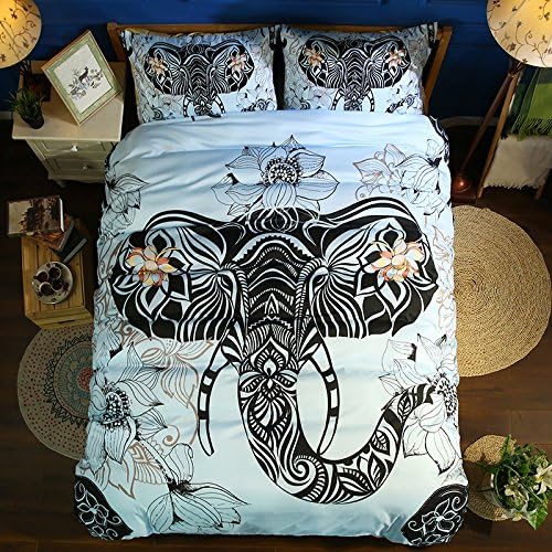 Prom Bedding Poly Fiber 3PC Bedding Sets 3D Blue Indian Lotus Flower and Elephant Print Print Full Size