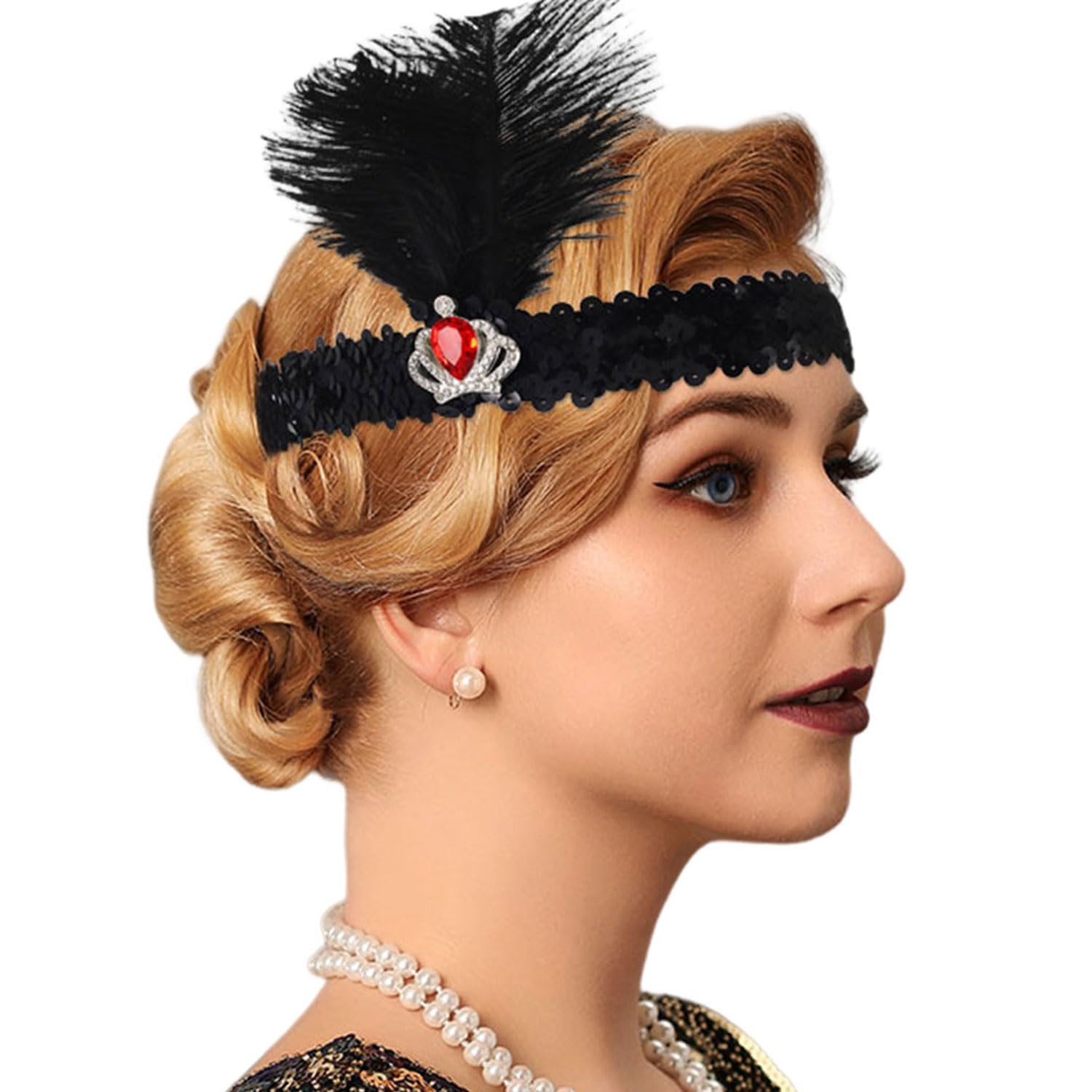 Handcess 1920s Flapper Feather Headband Black Feather Crystal Headband Women's Vintage Flapper Headpiece 20's Theme Party Hair Accessories for Costume Prom Carnival