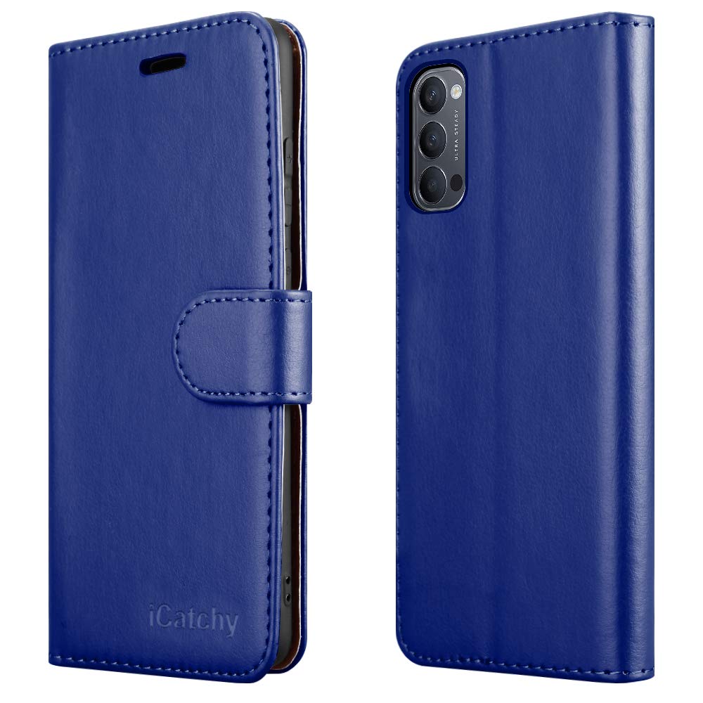 iCatchy For OPPO Reno4 5G Case Leather Wallet Book Flip Folio Stand View Cover Pouch for OPPO Reno4 5G (Blue)