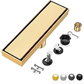 DLONE Linear Shower Drain | 12" AISI 304 Stainless Steel Linear Drain, Brushed Gold Shower Drain with Tile Insert Panel & Adjustable Feet, Long Rectangle Shower Floor Drain in Bathroom, Balcony, etc