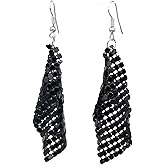 Colorful Sequin Dangle Earrings Metal Mesh Grid Tassel Drop Earrings Colorful Sequins Tassel Earrings Disco Tassel Long Drop Earrings for Women Jewelry Gift-black