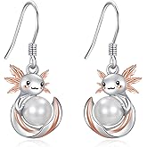Axolotl Pearl Dangle Earrings for Women Sterling Silver Salamander Pearl Dangle Drop Earrings Cute Animal Mexican Jewelry Christmas Gifts for Women