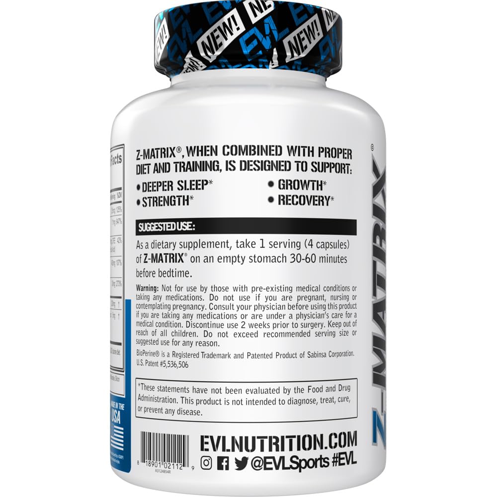 EVL Post Workout Recovery Supplement - Magnesium and Zinc - ZMatrix Zinc Magnesium Aspartate Muscle Recovery Supplement for Sleep Support and Muscle Health