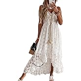Women's Lace Up Dresses Boho Embroidery V-Neck Maxi Dress Flare Ruffle Lace Hem Beach Dress Swing Flowy Sundress