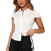 Women's Y2K Short Sleeve Button Down Blouse Trendy Collared Slim Fit Cropped Shirt Coquette Babydoll Going Out Top