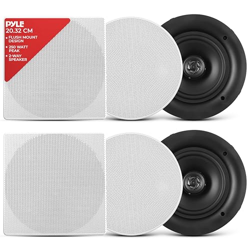 Pyle In-Wall/in-Ceiling Speaker, 20.3cm Dual Stereo Speakers, 250 Watt, 2-Way Full Range, Flush Mount Design, Changeable Round & Square Grills, White (Pair)