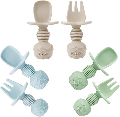 PandaEar 6 Pack Silicone Baby Weaning Spoons Forks Set Blue Green Tan