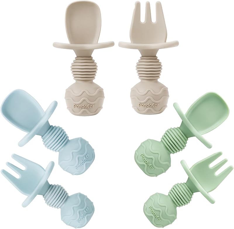 PandaEar 6 Pack Silicone Baby Weaning Spoons Forks Set Blue Green Tan