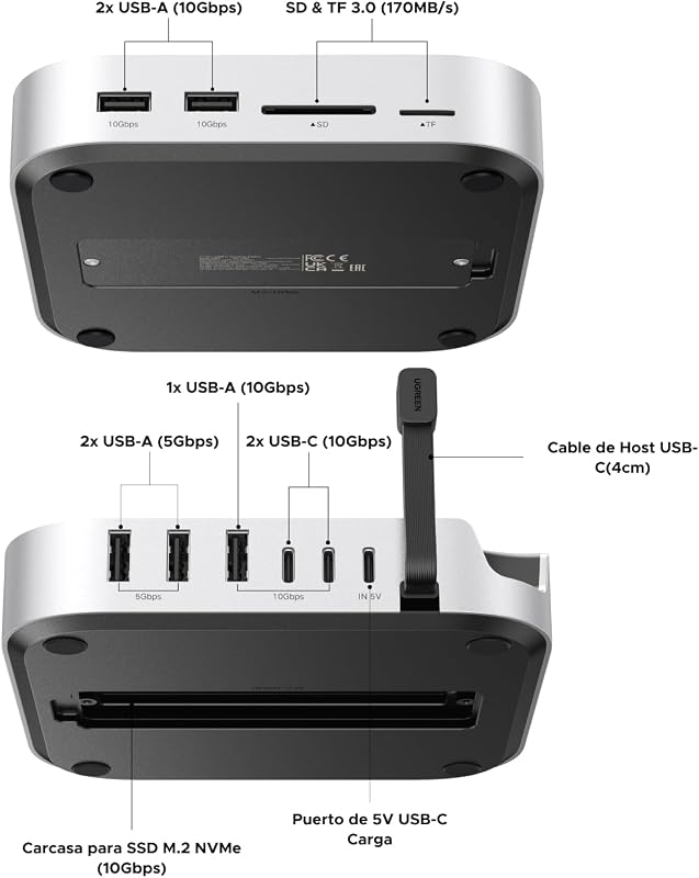 Docking Station Compatível com Mac Mini M4 e M4 Pro Dock Station Hub USB C 10 em 1 com M.2 NVME SSD Case TF SD Card Reader 7 portas USB 10Gbps 5Gbps