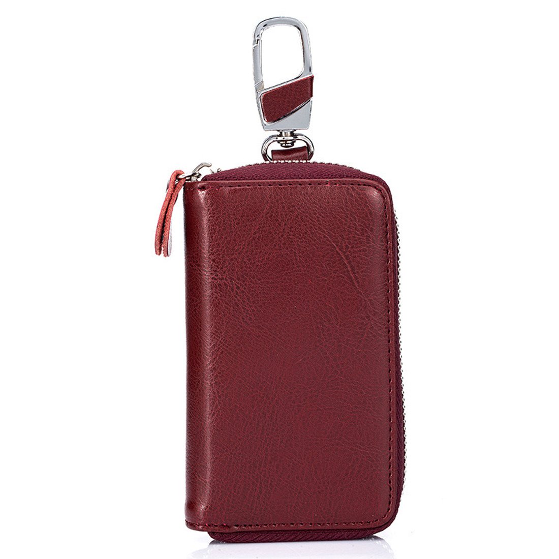 Genuine Leather Key Case Car Key Wallet with 12 Hook Zip Around Keychain Holder for Men and Women (Burgundy)