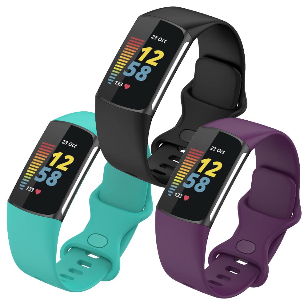 FunBand Straps Compatible with Fitbit Charge 5 Strap, Soft Silicone Sport Replacement Band Adjustable Wristband fit Compatible with Fitbit Charge 5 Activity Tracker for Women Men, 3-Pack