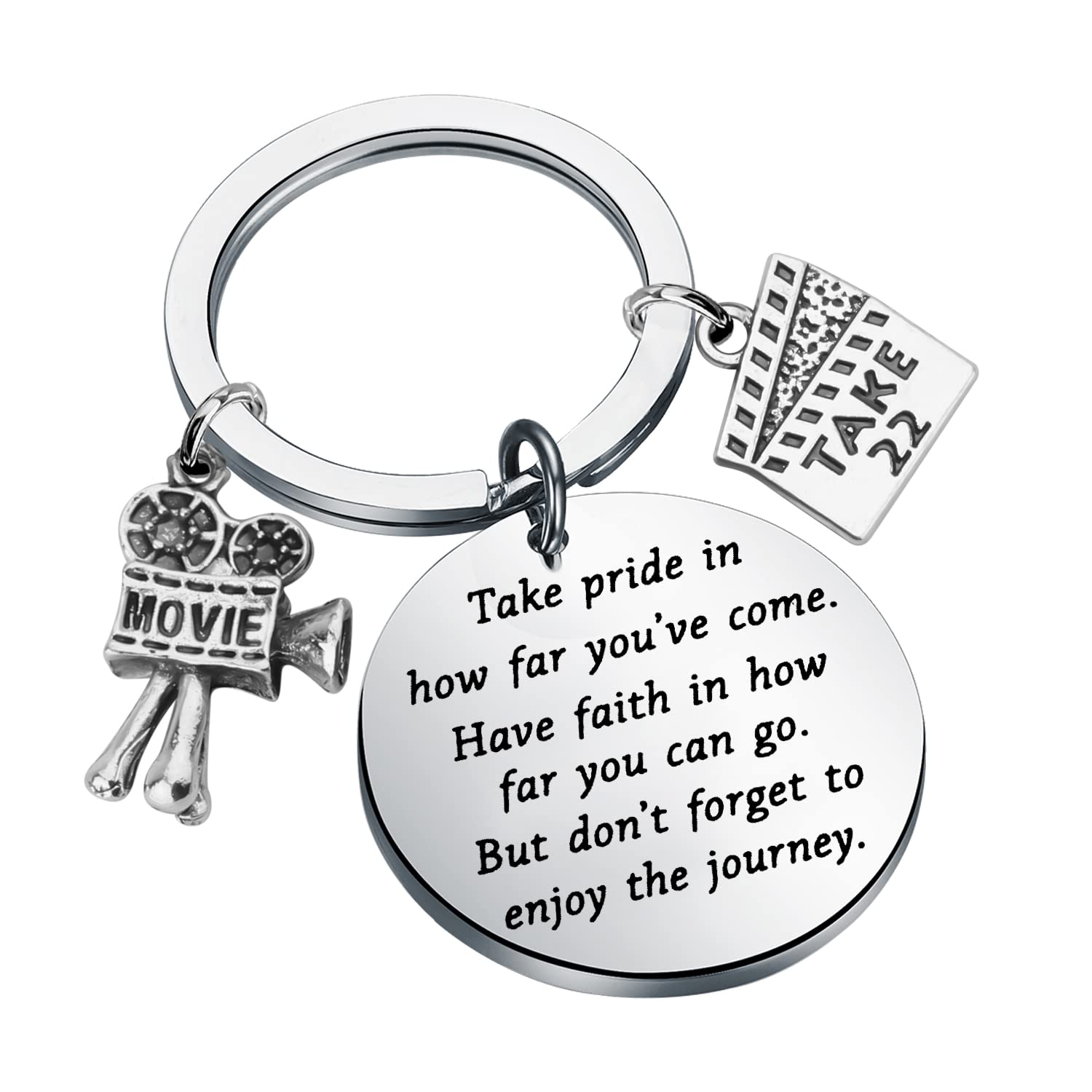 ENSIANTH Movie Camera Keychain Film Director Student Gifts Filmmaker Gifts Take Pride In How Far You Have Come Keychain for Movie lover Gifts (silver)