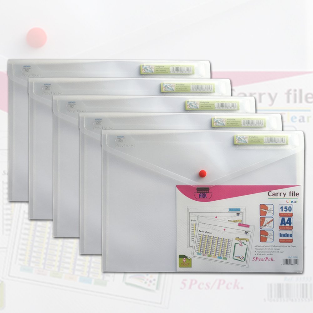ARK Carry File Popper Wallet File with Press Stud Closure [Pack of 5] (Clear, A4)