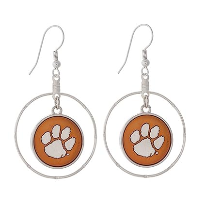 Fth Clemson Tigers Silver Tone Fishhook Earrings With Orange And Silver Paw Charm Inside Silver Tone Ring