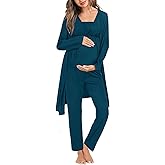 SWOMOG Women Maternity Nursing Pajamas Sets 3 Piece Breastfeeding Robe 3 in 1 Labor Delivery Sleeveless Pregnancy Pjs & Pants