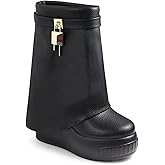 Women Round Toe Wedge Heel Fold Over Mid-calf Pull On Boots