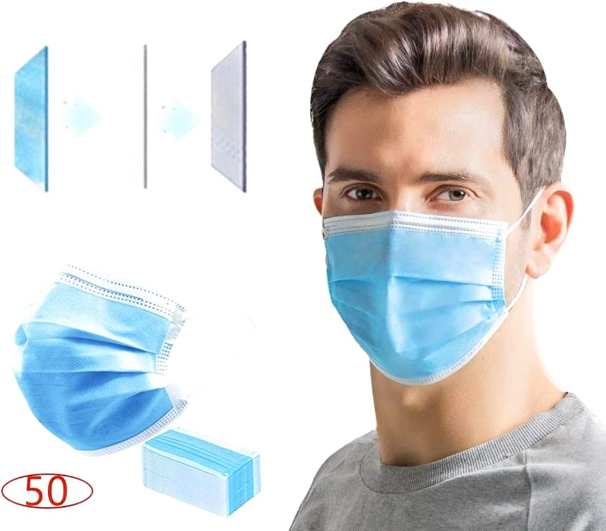 50 pcs Disposable Face Ma SKS Earloop Mouth Face Blue 3Layer Ma sk